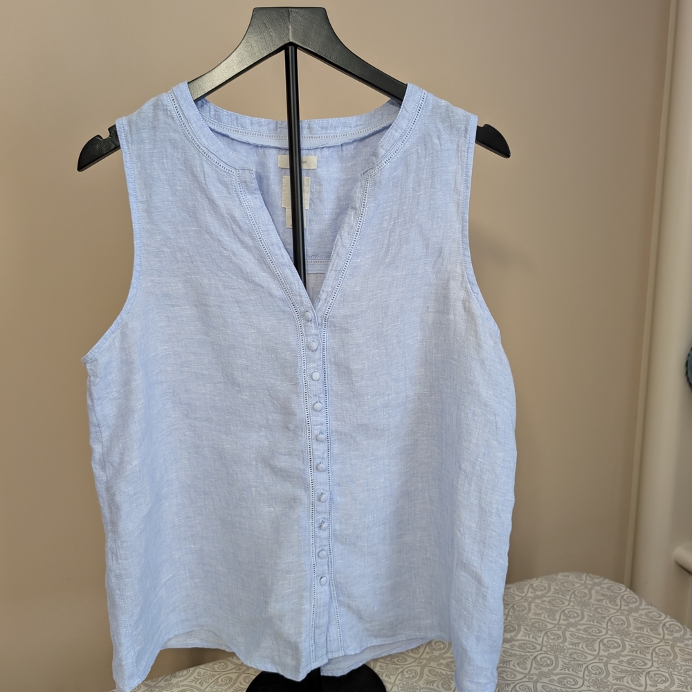 Joie Baby Blue Sleeveless Buttoned Mandarin Collar Blouse 100% Linen Size L